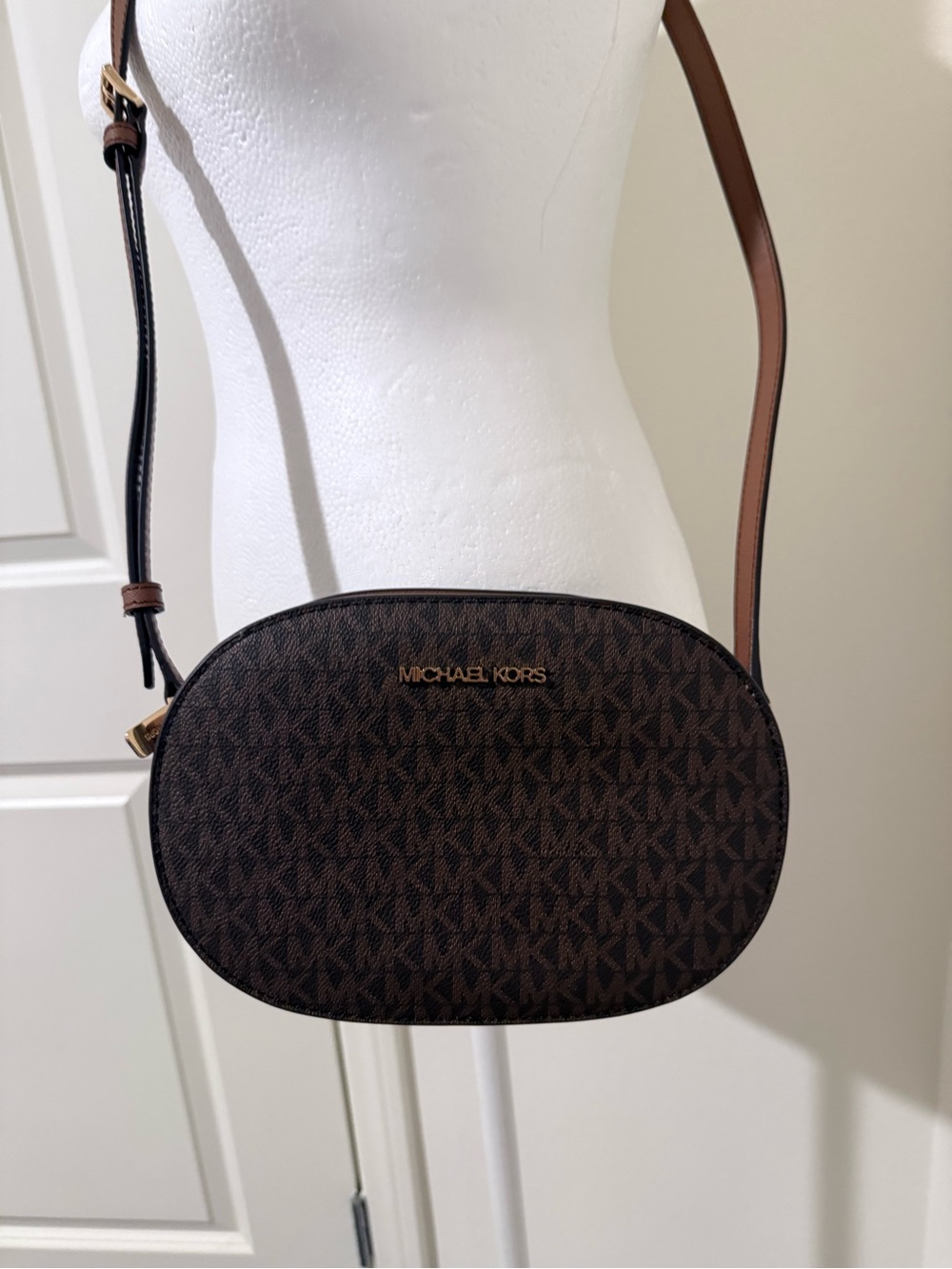 Michael Kors Dark Brown Signature MK Logo Oval Crossbody